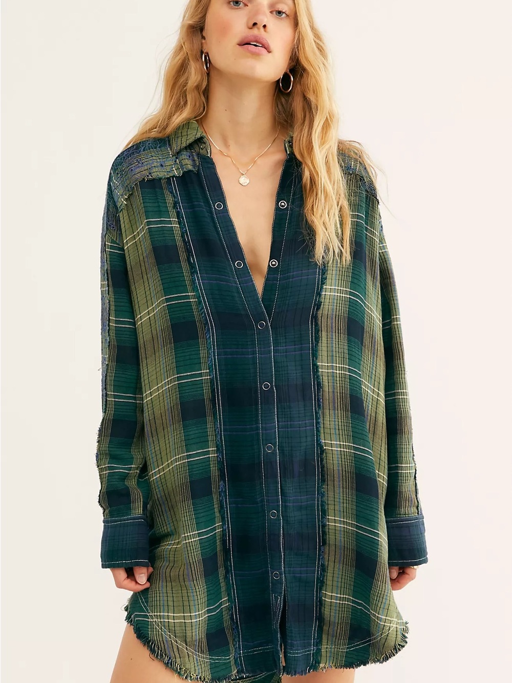 We The Free Green and Navy Plaid Button-Front Longline Shirt Dress